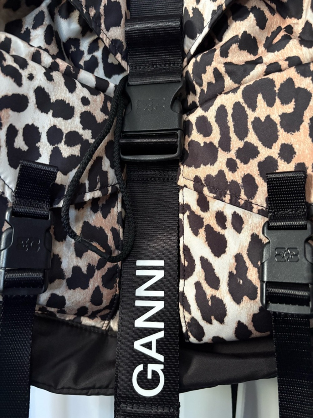 Ganni Leopard Print Tech Backpack in Brown and Black - Picture 2 of 8